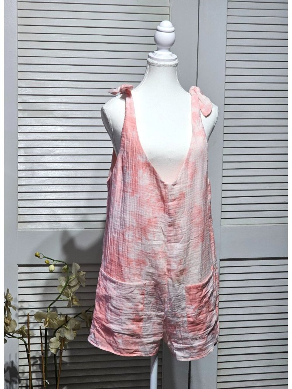 Show Me Your Mumu Tilda Tie Romper Women's Pink White Tie-Dye Cotton Size M 3673